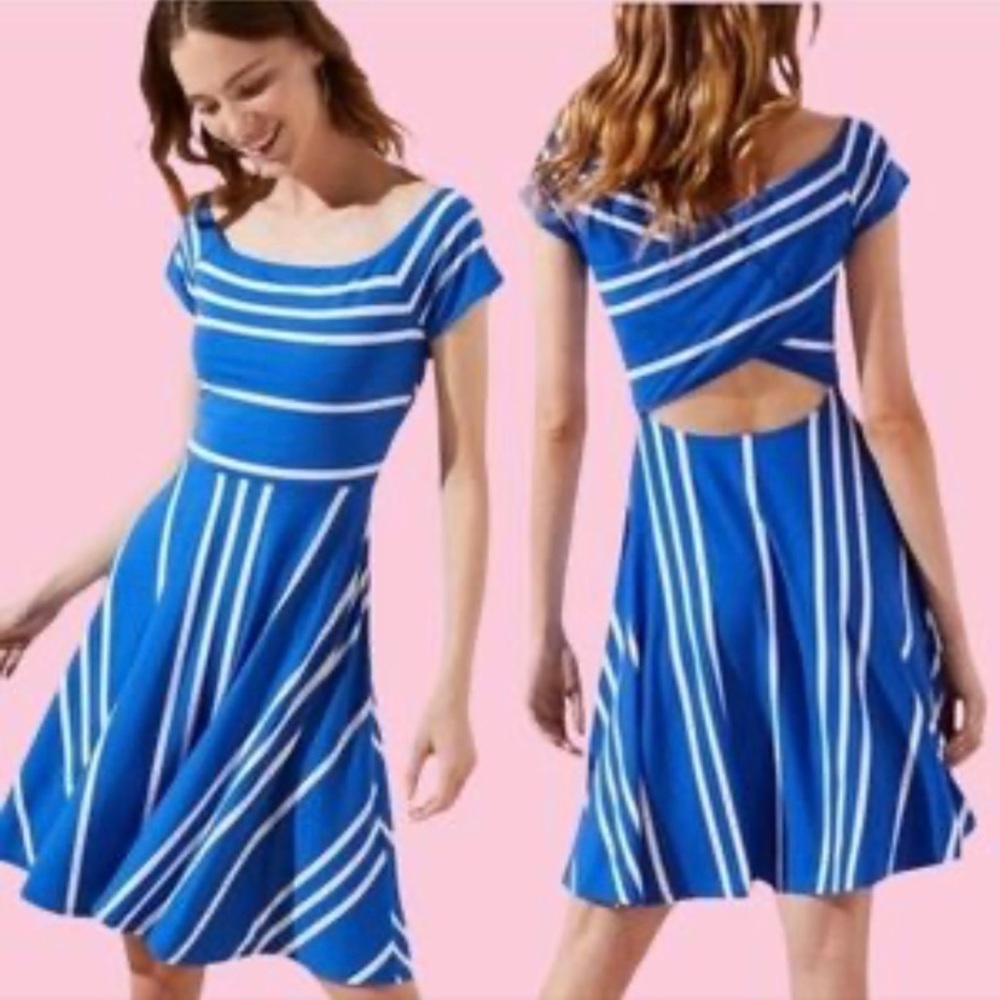 LOFT Vibrant Blue Backless Dress with White Stripes